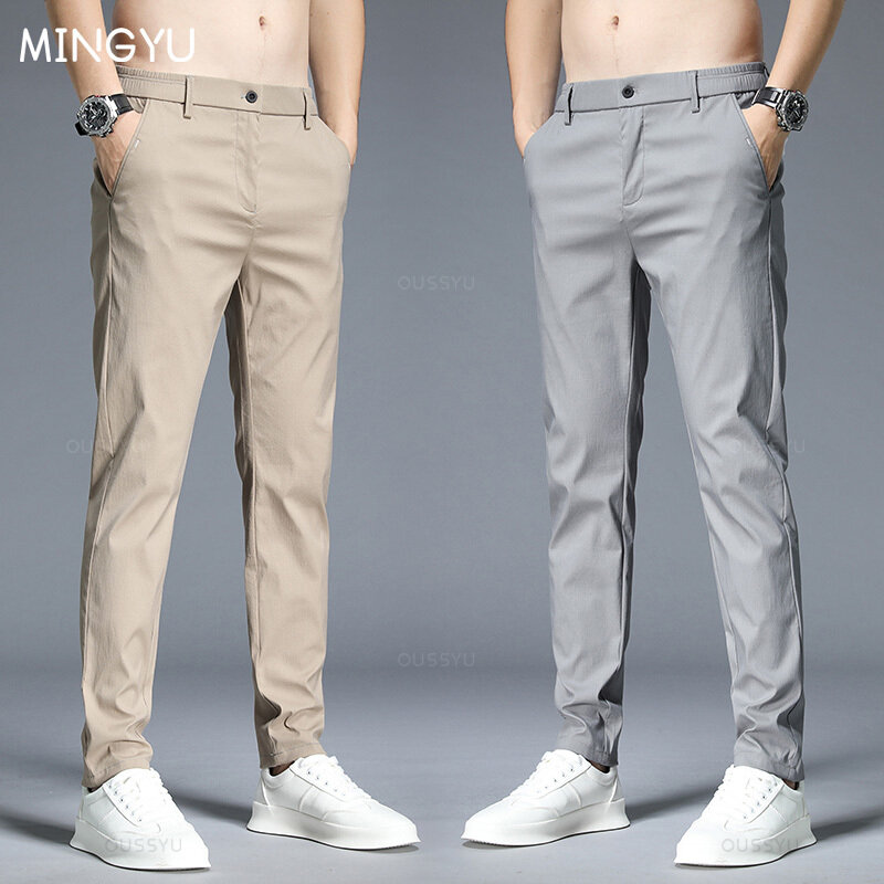Celana kasual musim semi musim panas celana panjang Slim Fit ramping tipis elastis pinggang bisnis klasik Korea pria Khaki abu-abu 38