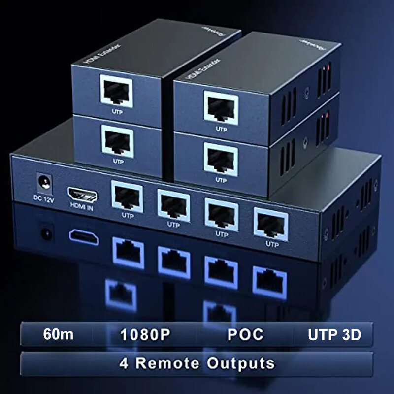 Extensor Ethernet HDMI, Divisor de Vídeo, Transmissor e Receptor Via Cat5e, Cat6, Cabo RJ45, Conversor 1080P, 1x4, 60m