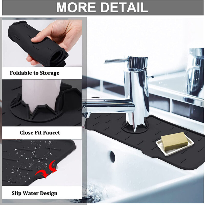 Silicone Faucet Mat Foldable Sink Splash Guard Faucet Water Catcher Drying Mat for Kitchen Countertop Bathroom  Protector Mat