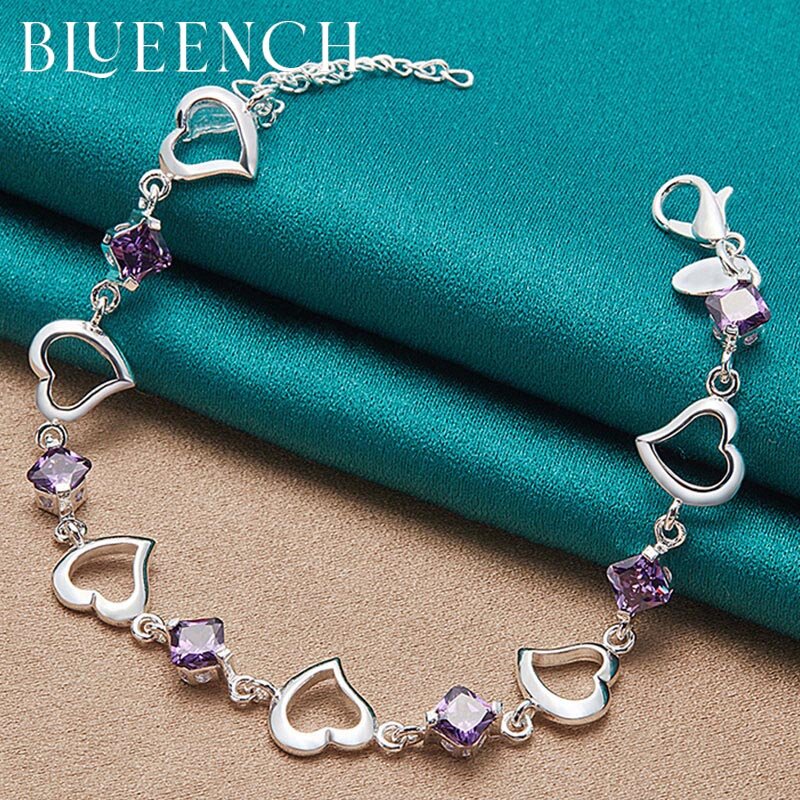 Blueench 925 prata esterlina zircon coração link pulseira para mulheres jóias de moda todos os dias