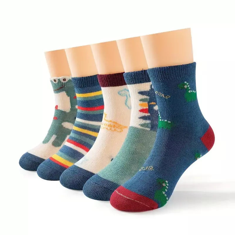 5 paia di calzini in maglia con stampa modello Dino Casual per ragazzi, comodi calzini traspiranti per l'equipaggio per accessori per bambini estivi e primaverili