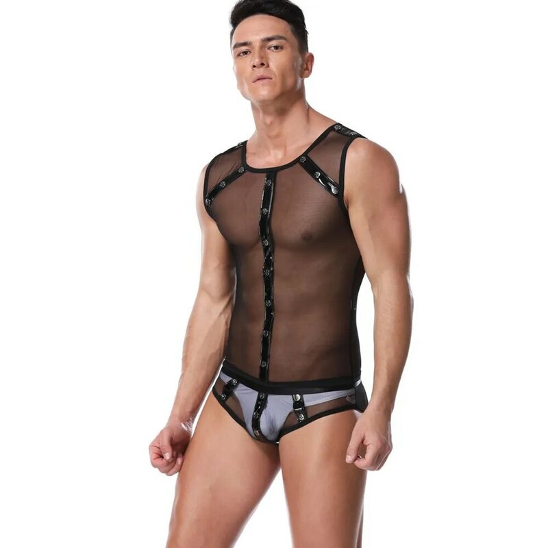 Man Stretch Mesh Catsuit Teddy Bodysuit Black Transparent Erotic Lingerie Underwear Men's Hot Sexy Pole Dance One Piece Jumpsuit