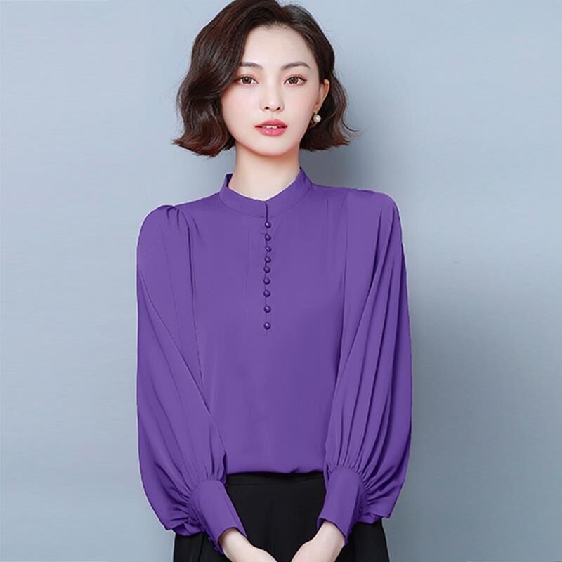 Lantern Sleeve Palace Princess Blouse Women Chiffon Spring Office Lady Tops O Neck Buttons Decor Shirts Korea Elegant Streetwear