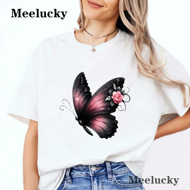 꽃과 나비 프린트 크루넥 티셔츠, 캐주얼 반팔 상의, 용수철 여름 여성복