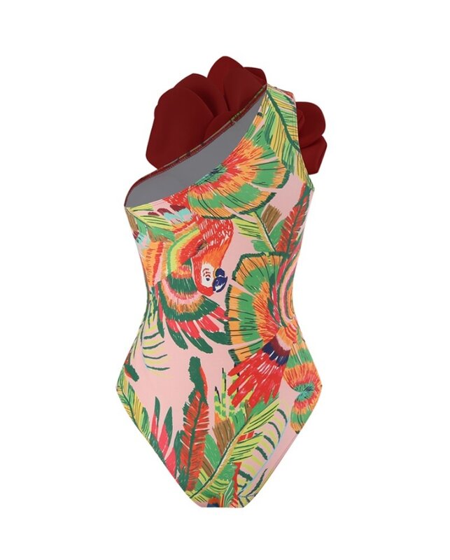 女性のトロピカルプリントのシフォン水着,ビーチウェア,非対称の裸の肩,ノースリーブのボディ,ボタンディテール,セクシーな花のディテール