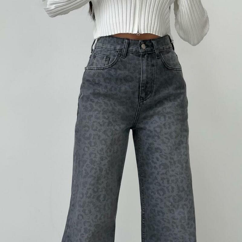 Jeans soltos de leopardo feminino, calças largas grandes, ajuste fino, cintura alta, jeans de perna larga, moda casual feminina, primavera