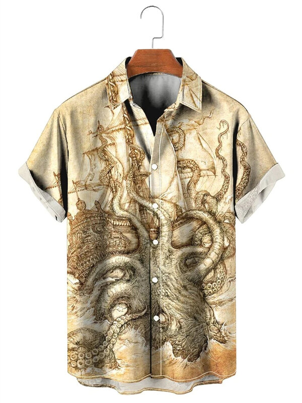 남성용 빈티지 셔츠, 3D 지도 프린트 반팔, 라펠 단추, 남성 의류, 캐주얼 패션 상의, 오버사이즈 티셔츠