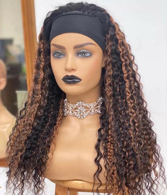Highlight Headband Wig Glueless Human Hair Wig for Women Ready to Wear Curly Wavy Machine Made Full Wig Bobbi