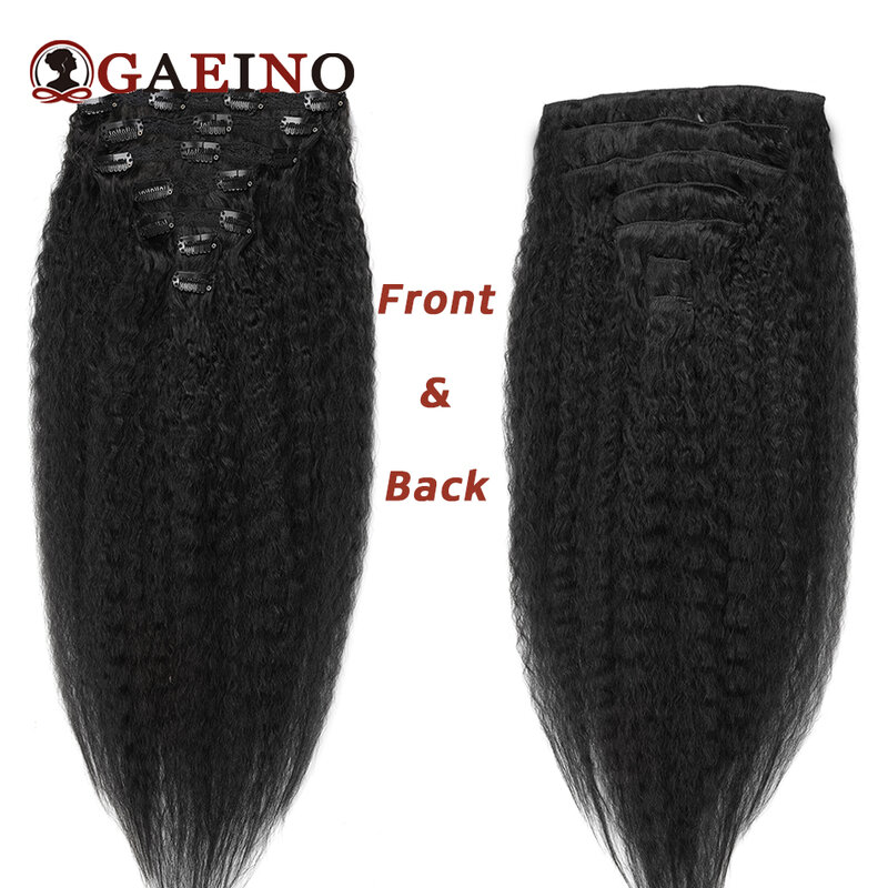 Kinky Straight Clips In Human Hair Extensions 1B# Natural Black Hair Extensions 100% Remy Human Hair  Full Head For Women 8-26"