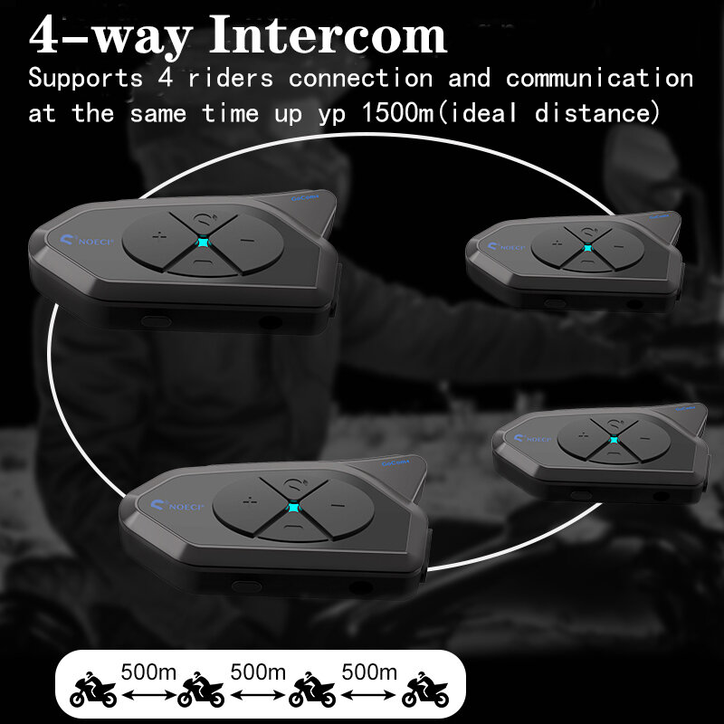 Noeci หมวกกันน็อคอินเตอร์คอมรถจักรยานยนต์ GOCOM4ชุดหูฟังบลูทูธสื่อสาร BT5.1สำหรับผู้ขับขี่4คนคุยกันในเวลาเดียวกัน IP65วิทยุเอฟเอ็ม