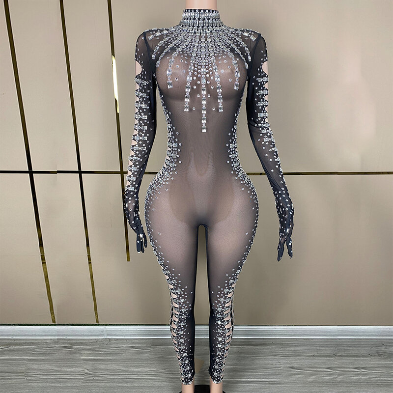 Customized New Long Sleeve Gloves Mesh High Elastic Sequins Sexy Tight jumpsuit Birthday Party Long Dress Performance Dress