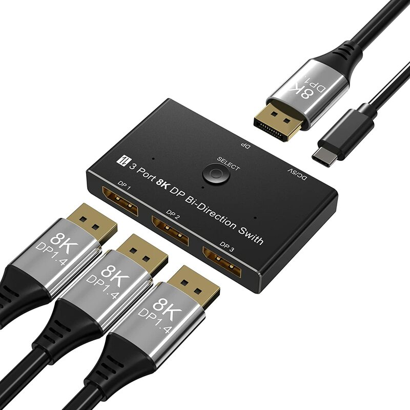 DisplayPort 8K DP 1.4 Switch 3In 1Out 1In 3Out Bi-Direction 8K@30Hz 4K@144Hz Splitter Converter for Multiple Source and displays