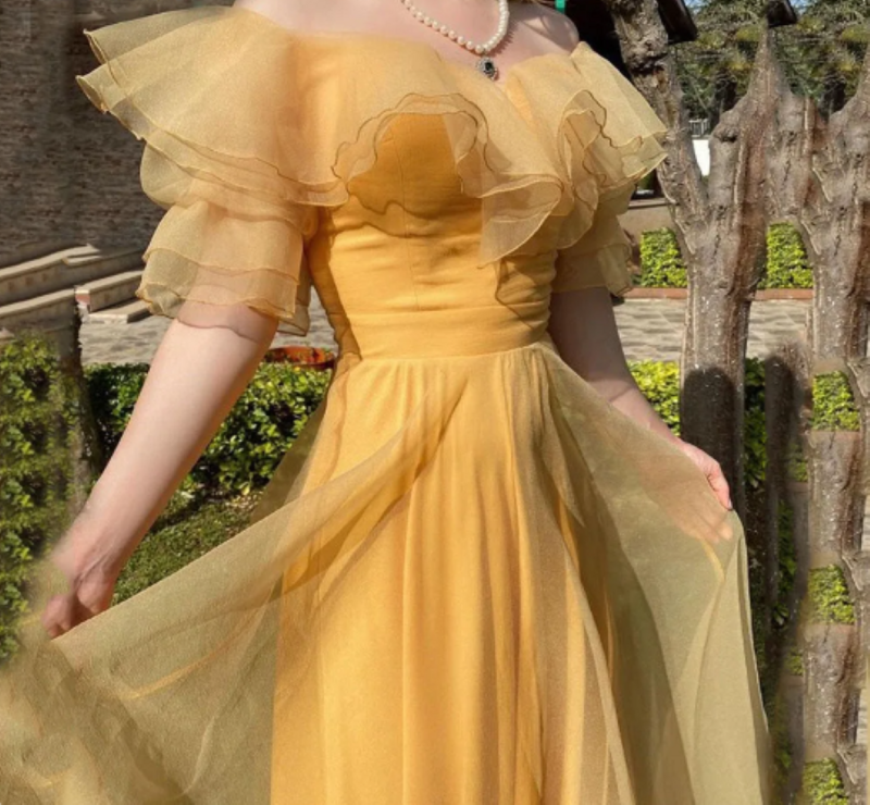 Othray Boho 2022 A Line Short Ruffles Sleeves Princess Party Gowns Floor Length Vintage Yellow Square Neck Tulle Prom Dresses