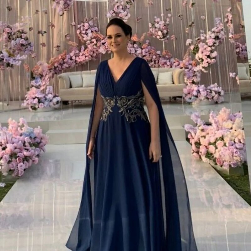 Navy Blue Chiffon Mother of the Bride Dresses V Neck Sash Women Wear Long Sleeves Evening Party Gowns A Line Wedding Guest Dress