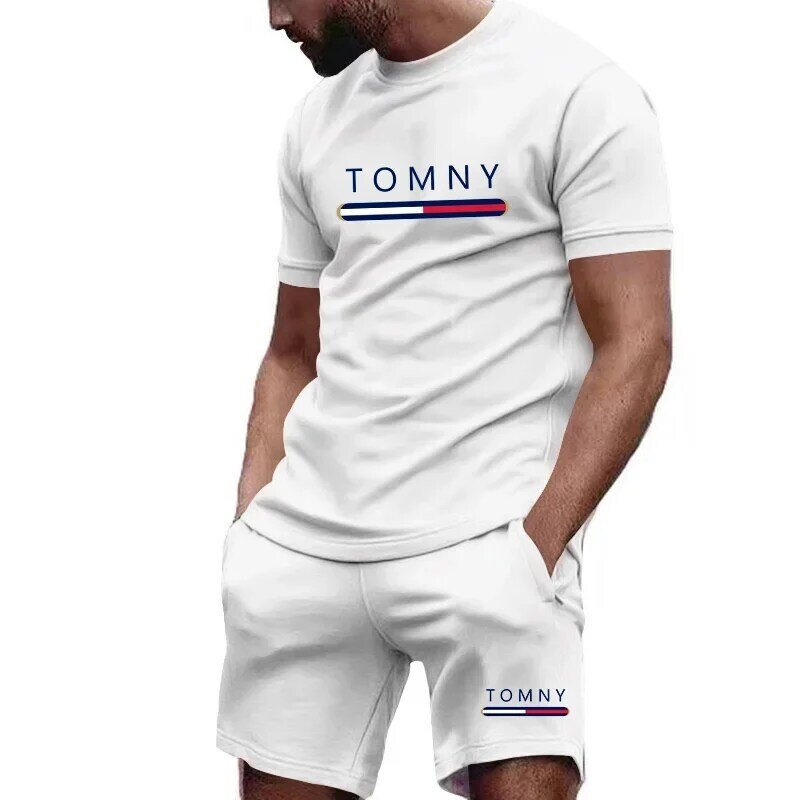 Camiseta curta de manga masculina e conjunto de calções esportivos, calças de jogging casual, roupa esportiva, novo verão, 2 peças, 2024