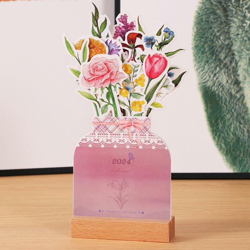 Calendário de flores floridas com suporte, planejador mensal, decoração de mesa, tema flor, design de vaso, 2024