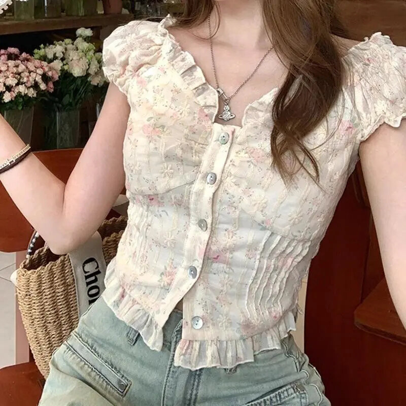 Gidyq camicia con scollo a barchetta floreale donna Streetwear coreano Sexy con spalle scoperte Crop top camicette ricamate eleganti retrò novità