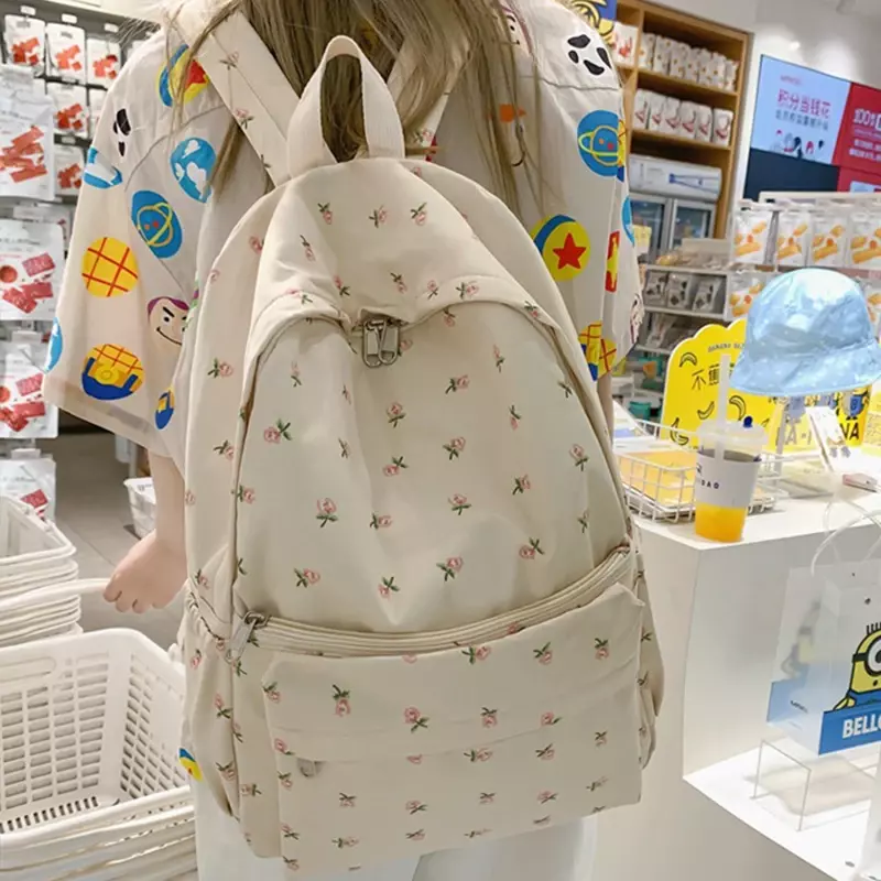 Mochila floral feminina, mochila de nylon impermeável, bolsa de escola para estudantes adolescentes, grande capacidade, nova tendência, moda, 2024