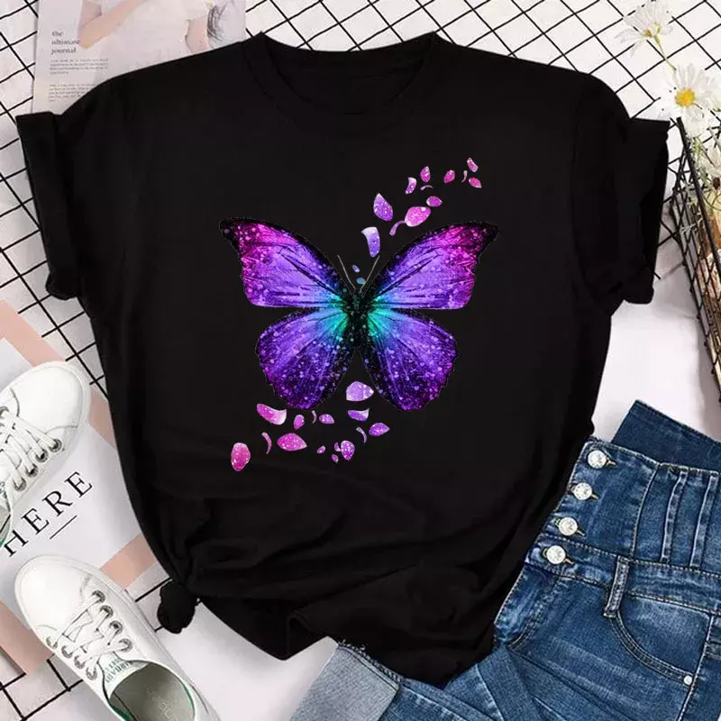 Kaus wanita mode baru atasan baju atasan wanita kaus grafis lucu leher bulat lengan pendek gambar kelopak kupu-kupu warna-warni