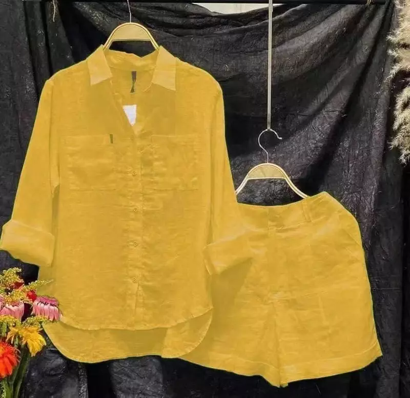 2024 Sommer zweiteilige Sets Frauen Baumwolle Leinen Mode weiß Langarmhemd und Shorts locker lässig nach Hause zweiteiliges Set für Frauen