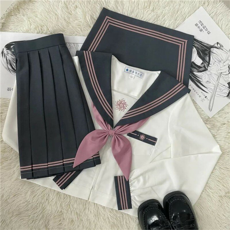Fato feminino cinzento, uniforme JK, fato de marinheiro, saia plissada, manga comprida e curta, estilo universitário japonês, estilo escolar, roupa da moda