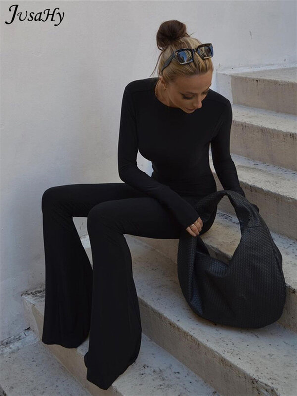 JuSaHy-bodysuit básico preto sólido para mulheres, mangas compridas, sem encosto, calça larga, streetwear casual simples, moda Y2K, verão