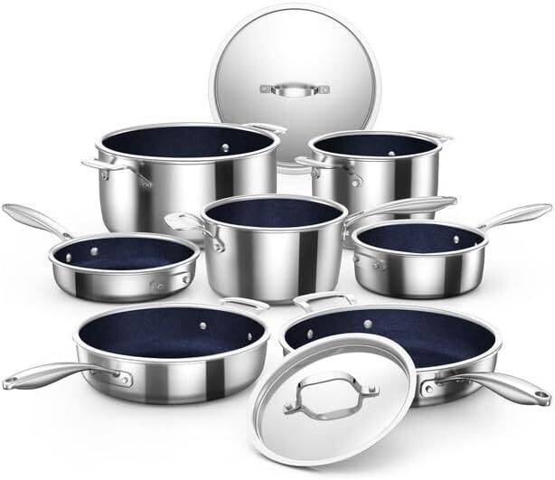 Pro-Smart 9pc Stainless Steel Cookware Set, Healthy Duralon Blue Non-Stick Ceramic Coating, Heavy-Duty Tri-Ply Construction