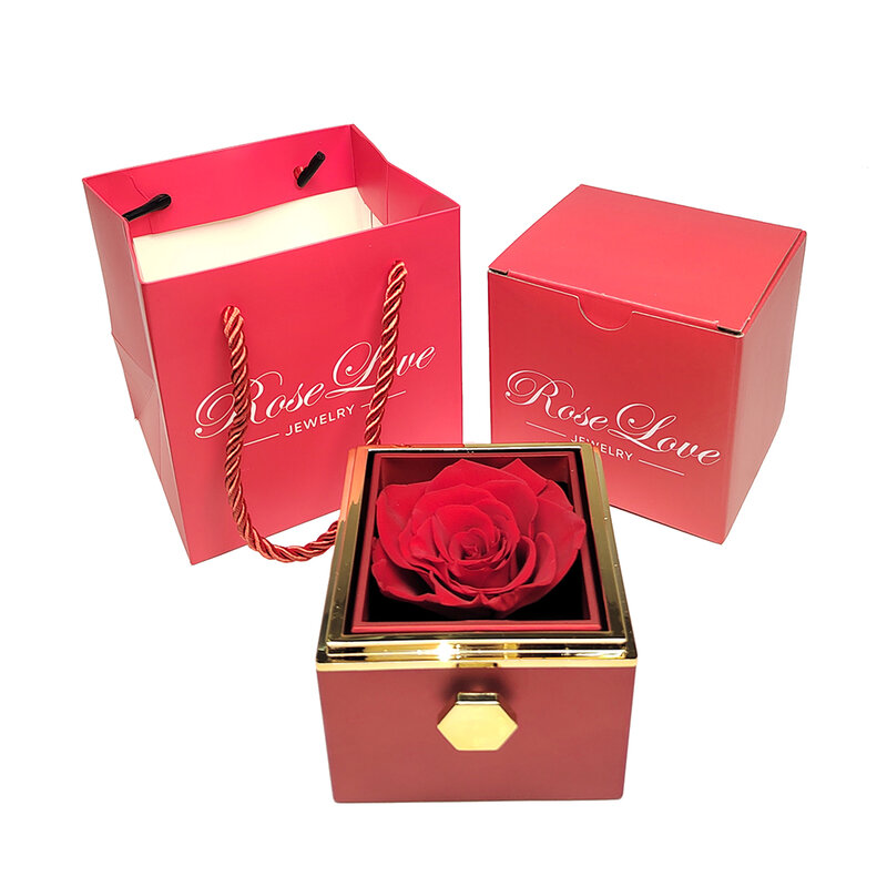 360 Degree Rotatable Preserved Real Rose Ring Box Necklace Jewelry Valentine Forever Roses Storage Case for Women Girlfriend