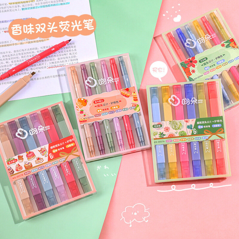 6 개/대 빈티지 컬러 향기로운 형광펜 펜 Kawaii Candy Color 만화 마커 파스텔 형광 펜 귀여운 편지지