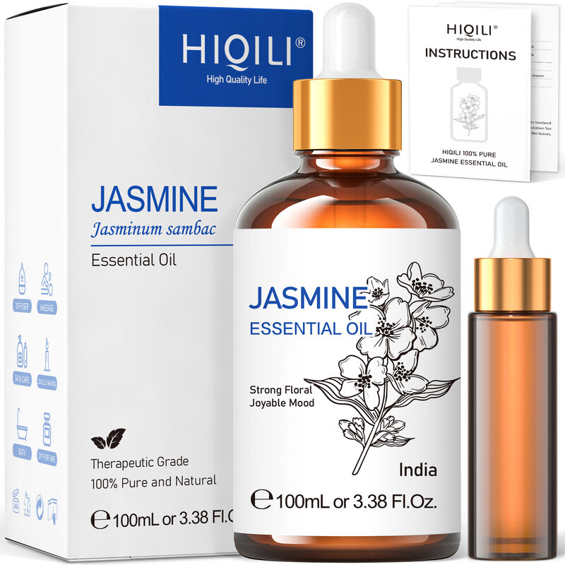 HIQILI 100ML Jasmine น้ำมันหอมระเหยบริสุทธิ์100% ธรรมชาติสำหรับน้ำมันหอมระเหย | ใช้สำหรับ Diffuser,ความชื้น,นวด | น้ำหอม DIY