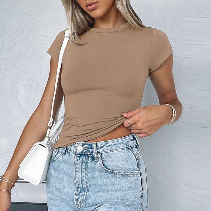 Summer Blouse Stylish Women's Summer Tee Shirt Collection Round Neck Short Sleeve Tops Slim Fit Solid Color T-shirt Basic Casual