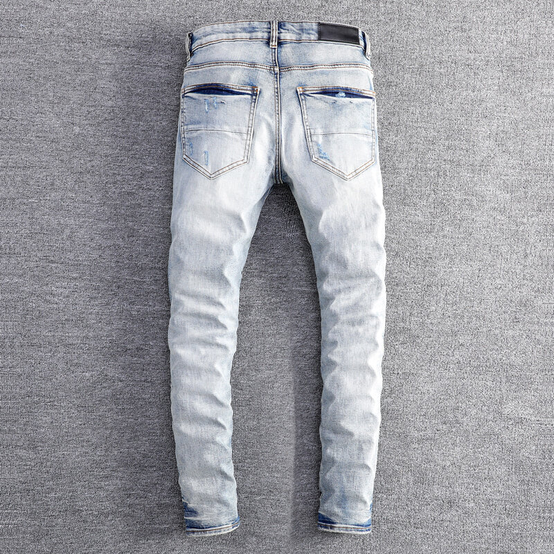 Jeans rasgado azul lavado retrô, calças de grife, marca Hip Hop, moda de rua alta, designer masculino
