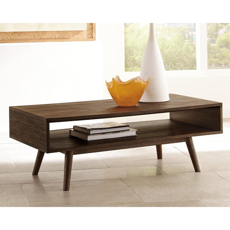 Dark Brown Lounge Center Table Salon Furniture Kisper Mid-Century Modern Rectangular Coffee Table With Open Storage Shelf Tables