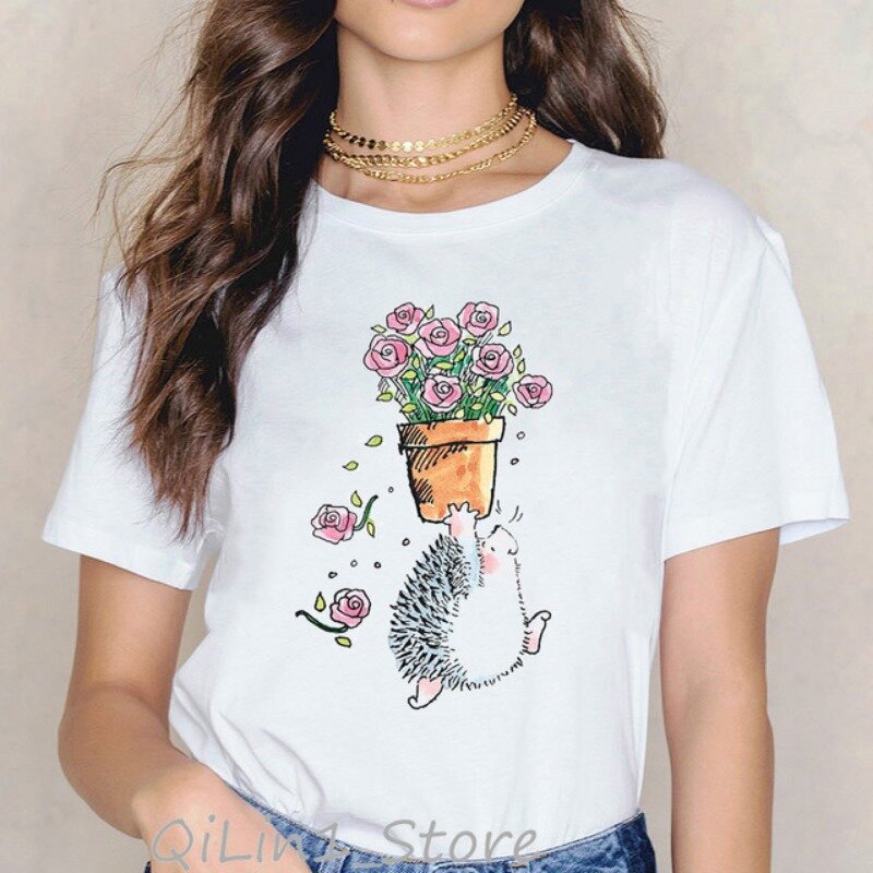 여성용 반팔 티셔츠, 만화, 귀여운 작은 고슴도치 프린트, 발렌타인 데이, 러브 헤어, 하라주쿠, 특대 티셔츠