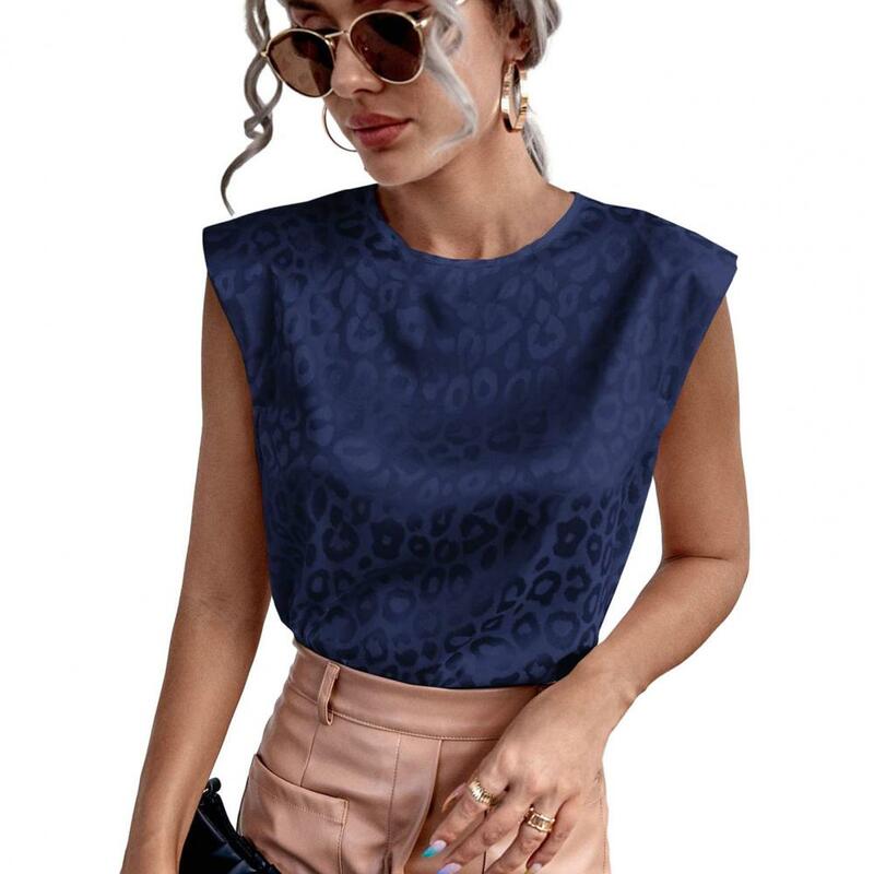 Rompi longgar motif macan tutul wanita, pakaian blus Wanita komuter gaya OL penutup kancing belakang warna kontras leher bulat musim panas