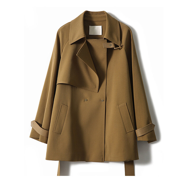 Khaki Trench Coat Women Loose Double Breasted Tie Up Coat