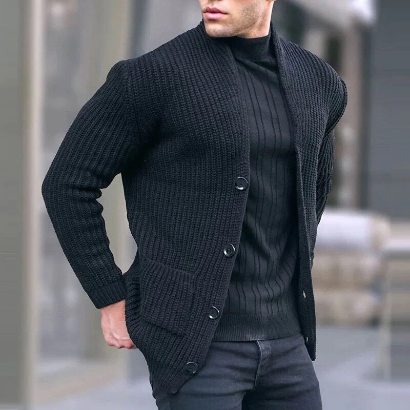 Cárdigan ajustado de manga larga para hombre, suéter con botones, chaqueta informal de punto, cuello levantado, color liso, novedad de otoño e invierno
