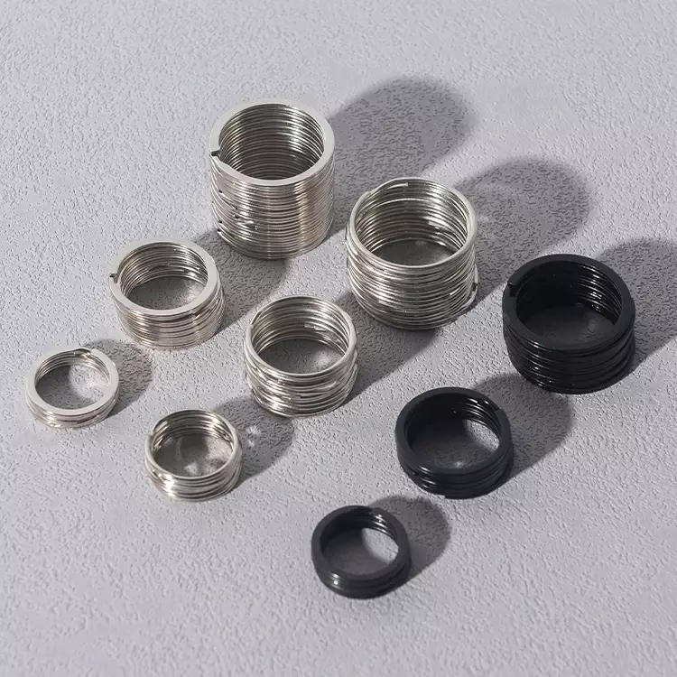 Chaveiros de aço inoxidável polido, chaveiro redondo linha plana para fazer jóias, DIY Keychain Finding, prata e preto, ferro, 10 unid, 24 unid