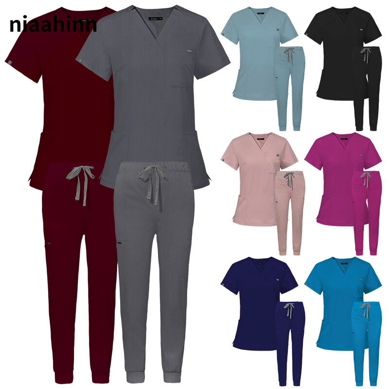 Short Sleeve Scrubs Surgical Nursing Uniforms Nurse Women V-neck Pocket Workwear Dentist Medical Uniforms Men Clinic Scrub Suit