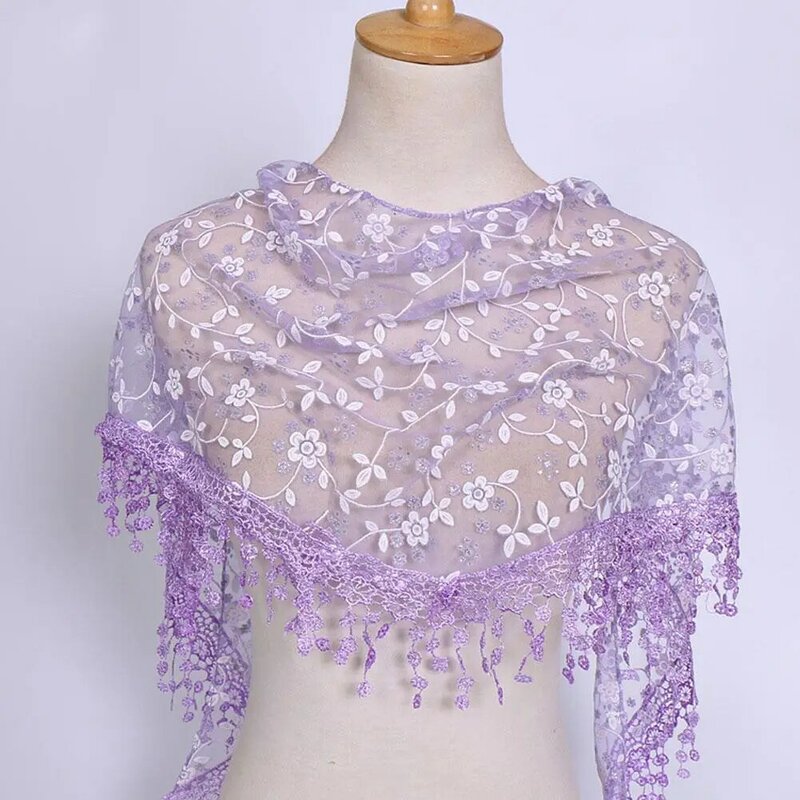 Lace Hollow Triangle Scarf para mulheres, respirável, lenço transparente, xale, elegante, cor sólida, padrão de flor, Tria Q6D6