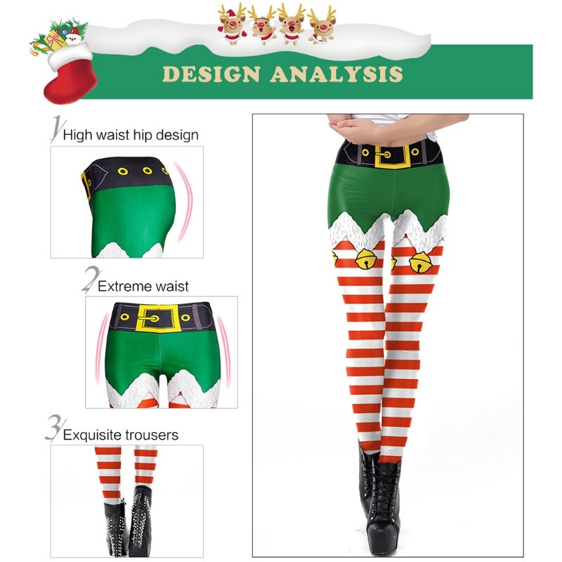 Pantalones cortos navideños elfo falso para mujer, mallas con estampado, cinturón divertido, medias a rayas para vacaciones
