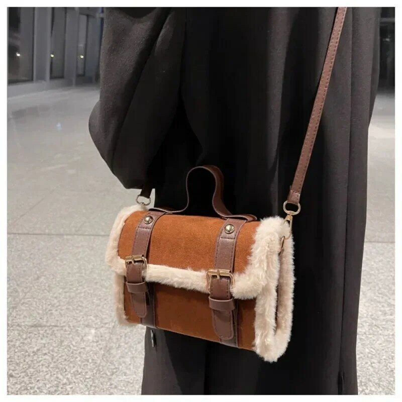 Bolsa tiracolo de veludo cordeiro feminina, bolsa de ombro feminina, bolsa quadrada pequena, estilo francês e coreano, nova, inverno