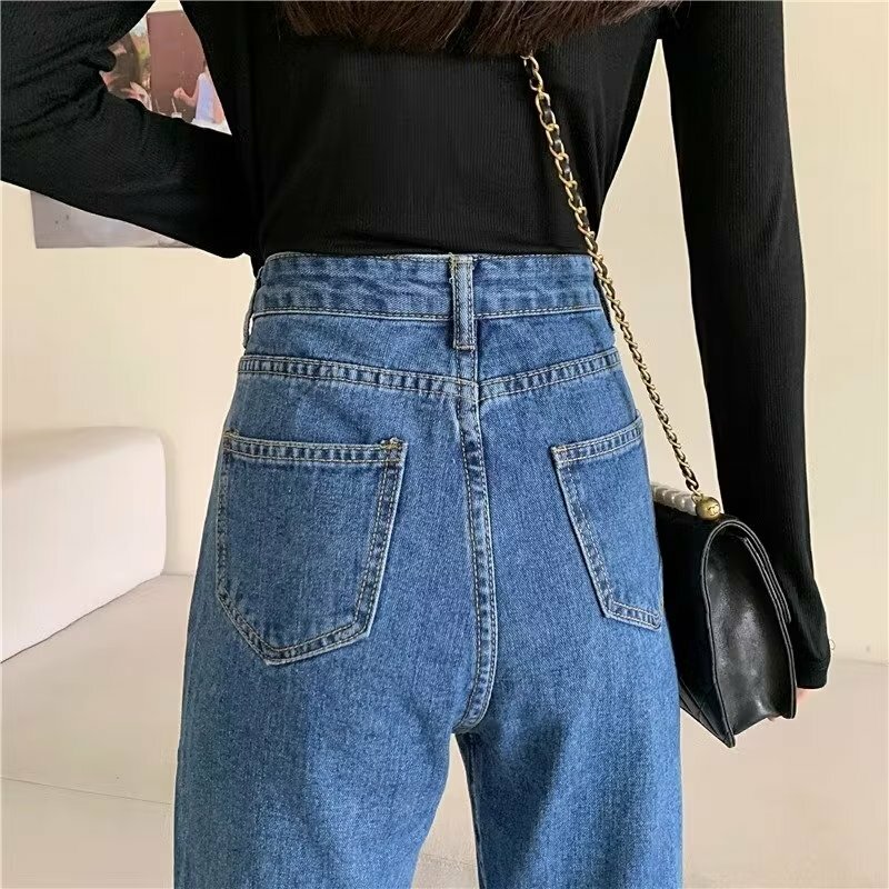 LEDP celana Jin gaya Hongkong wanita, Jeans pinggang tinggi kaki lebar longgar desain regang untuk perempuan