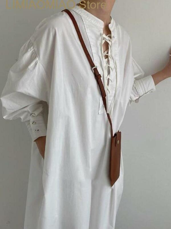 Robe longue en dentelle à manches longues pour femmes, tenue simple, couleur unie, devant et dos, nouvelle collection printemps été