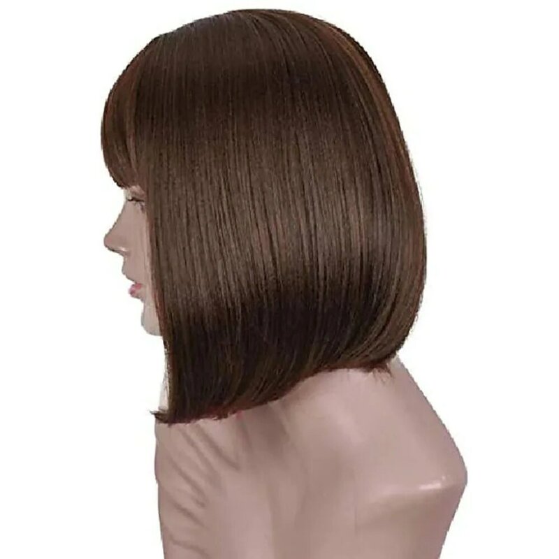 Perruques bob courtes avec frange pour femmes noires et blanches, perruques complètes brunes (marron foncé)
