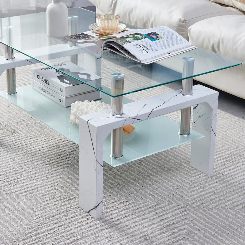Living Room Rectangle Coffee Table, Tea Table Suitable for Waiting Room, Modern Side Coffee Table with Wooden Leg, Glass