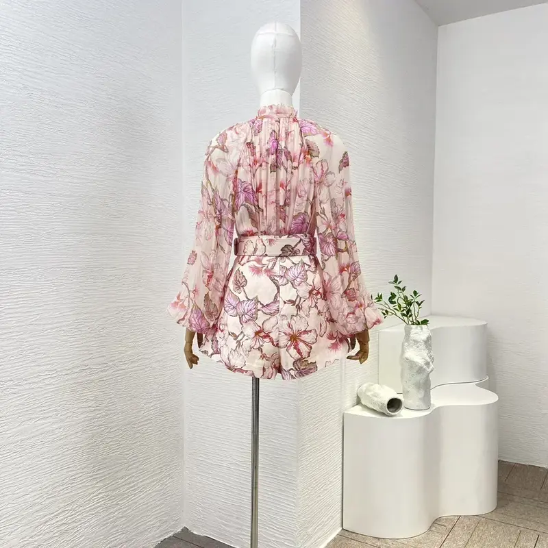 Pink 2023 New High Quality Vintage Casual Floral Print Long Lantern Sleeve Lace-up V-neck Blouse and Belted Shorts Women Set