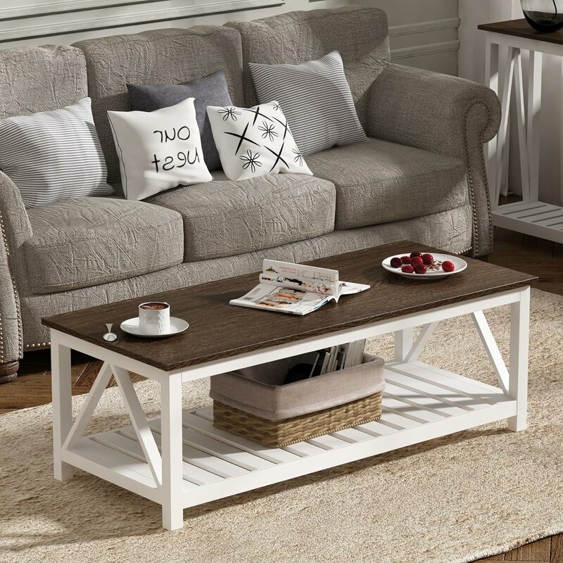 Coffee Table, Rustic Vintage Living Room Table with Shelf, 47 White