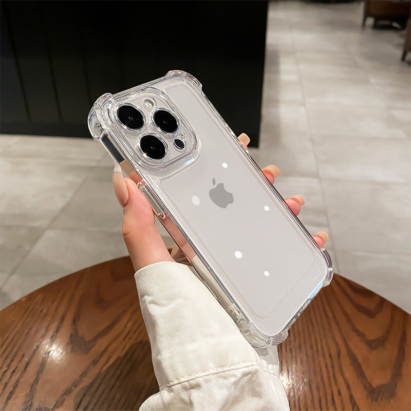 Shockproof Phone Case for iPhone 11 12 13 14 15 Pro Max Plus X XS XR Transparent Bumper Acrylic Hard Back Cover Silver Button