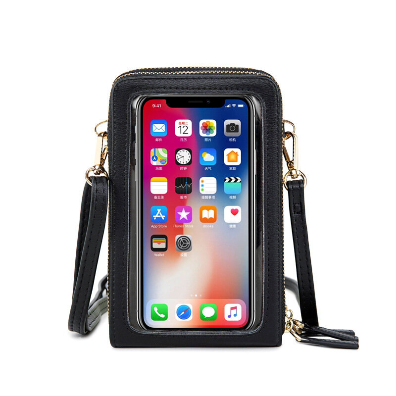 Carteras para teléfono móvil, bolsos con correa de hombro a la moda, con pantalla táctil, de cuero PU, bandolera, color negro